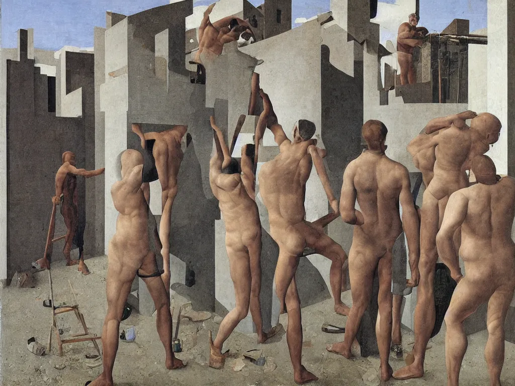 Image similar to Muscular workers renovating a house. Painting by Alex Colville, Piero della Francesca, Max Ernst.