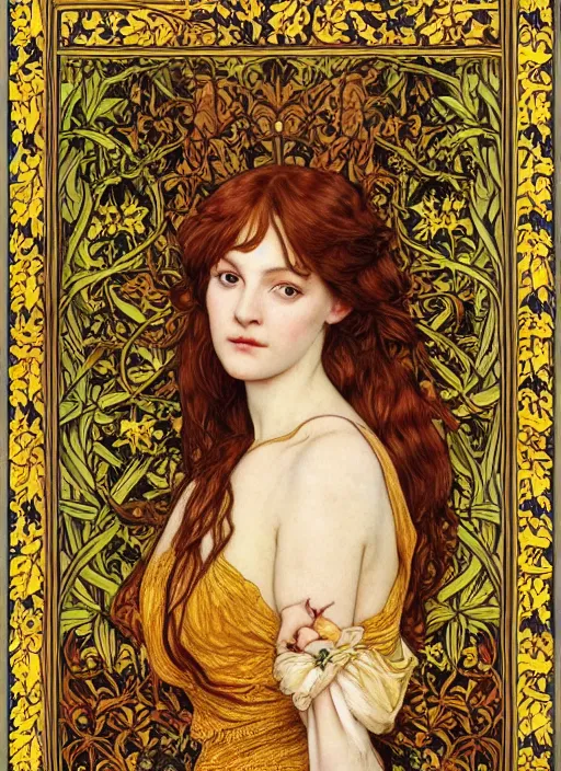 Image similar to masterpiece beautiful seductive flowing curves pose preraphaelite portrait photography, straight bangs, yellow ochre ornate medieval dress, mushroom forest arch, william morris and kilian eng and mucha, framed, 4 k
