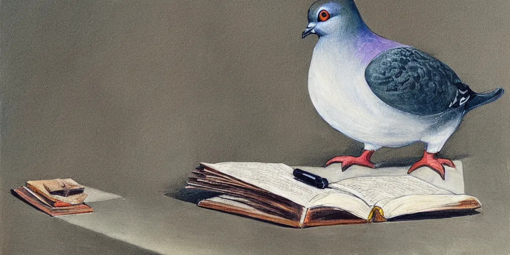 Prompt: detailed painting of a pigeon reading a book