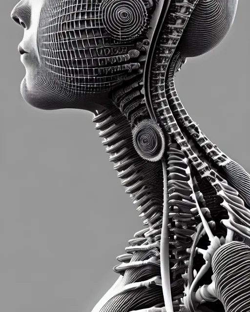 Image similar to mythical black and white organic biomechanical spinal ribbed face portrait detail of mechanical female vegetal-cyborg, highly detailed, intricate ornate, 3D render digital art, octane render, 8K artistic photography, photorealistic