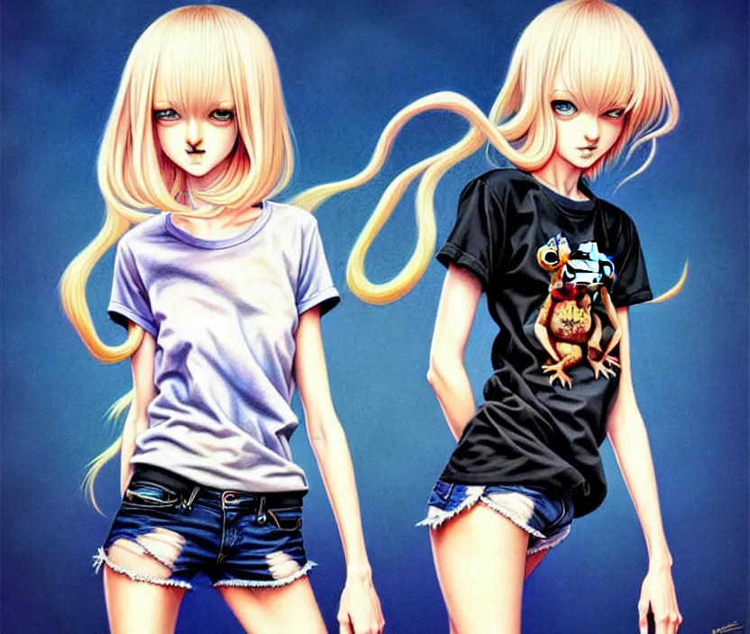 Image similar to richly detailed colored pencil 3D illustration of a beautiful French woman with short bleached blonde hair wearing a long Tshirt and black shorts that is soon to be swallowed whole by a giant evil toad demon. art by Range Murata and Artgerm.