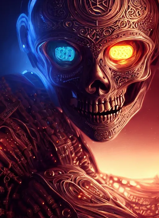 Image similar to extreme close up, portrait of a cyber skeleton, glowing runes surrounding, armor made of glowing runes, intricate, elegant, glowing lights, highly detailed, digital painting, artstation, concept art, smooth, sharp focus, illustration, art by wlop, mars ravelo and greg rutkowski