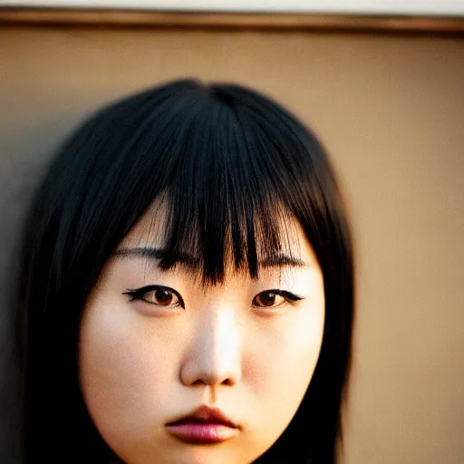 Image similar to beautiful gorgeous curvy Japanese edgy model girl with short hair, she's sad, sunset, 80mm lens, 1.2 aperture, grainy image, close up