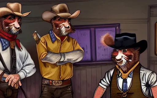 Prompt: photorealistic full - color storybook illustration of : during a hoedown at a saloon in the old west, an angry anthropomorphic raccoon dressed as a cowboy is having a duel with “ daniel day - lewis ” and they are holding revolvers. frightened “ nancy reagan ” is watching them. color professional hyper - realistic drawing.