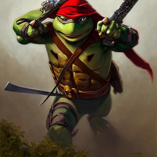 Image similar to a teenage mutant ninja turtle as a d & d style fighter with a sword and shield, highly detailed painting by gaston bussiere, craig mullins, j. c. leyendecker, 8 k