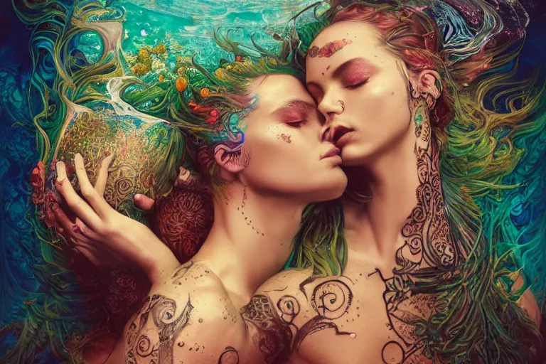 Prompt: a centered full body render of alluring festival hippies with tribal tattoos surrounded by a underwater ink pour and flowing liquid galium and sacred geometry, perfect face, powerful, cinematic, beautifully lit, by artgerm, by karol bak, by viktoria gavrilenko, 3 d, trending on artstation, octane render, 8 k