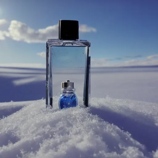 Prompt: perfume bottle artistically buried in the snow, sunny day, white clouds blue skies