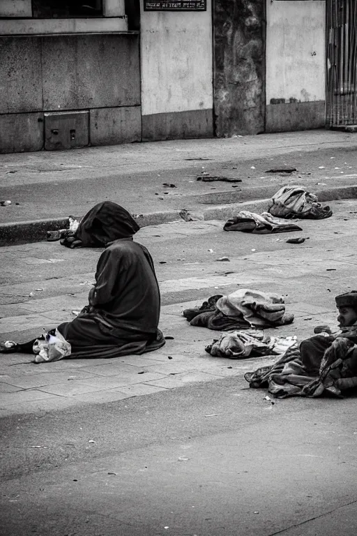 Prompt: The city looked bleak - homeless people everywhere begging, swindling, doing what they could to get by. Some were living in the sewers (adults & children, many orphans). They would pop out of manholes & casually sniff some glue out of a bag 8k wide angle