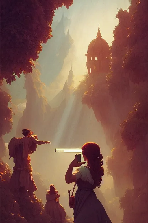 Image similar to the joconde from leonardo da vinci taking a selfie, unreal engine, greg rutkowski, loish, rhads, beeple, makoto shinkai and lois van baarle, ilya kuvshinov, rossdraws, tom bagshaw, tom whalen, alphonse mucha, global illumination, god rays, detailed and intricate environment