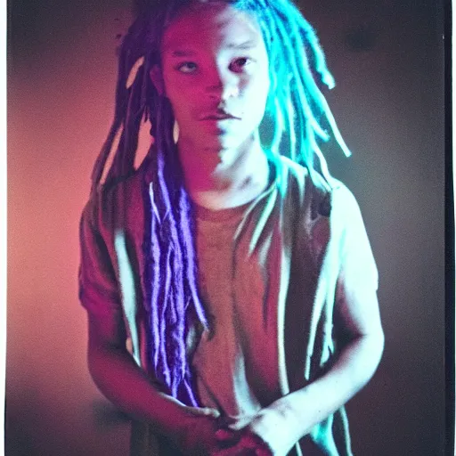 Image similar to a boy with colored dread hair in dark room flash, polaroid effect!!!