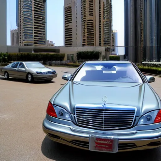 Image similar to gold Mercedes-Benz s500 long in the body 220 (w220) 2002 old year is on the roof of a high-rise building in abu dhabi