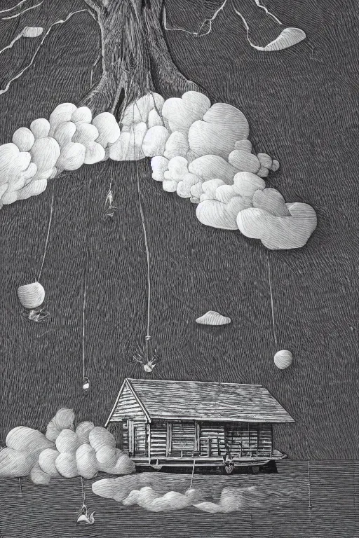 Prompt: a detailed illustration of a two storied wooden cabin floating on three giant fabric balloons through the clouds, an old tree is growing through its roof