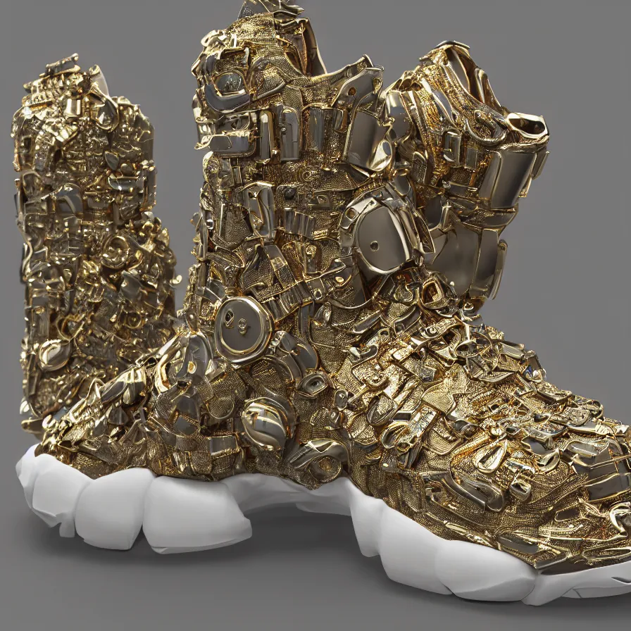 Image similar to futuristic balenciaga sneakers, nft art, highly detailed, hyper realistic, a ton of bussdown iced gold bling in wallace & gromit strata - cut claymation, ultra realistic, concept art, intricate details, serious, highly detailed, photorealistic, octane render, 8 k, unreal engine