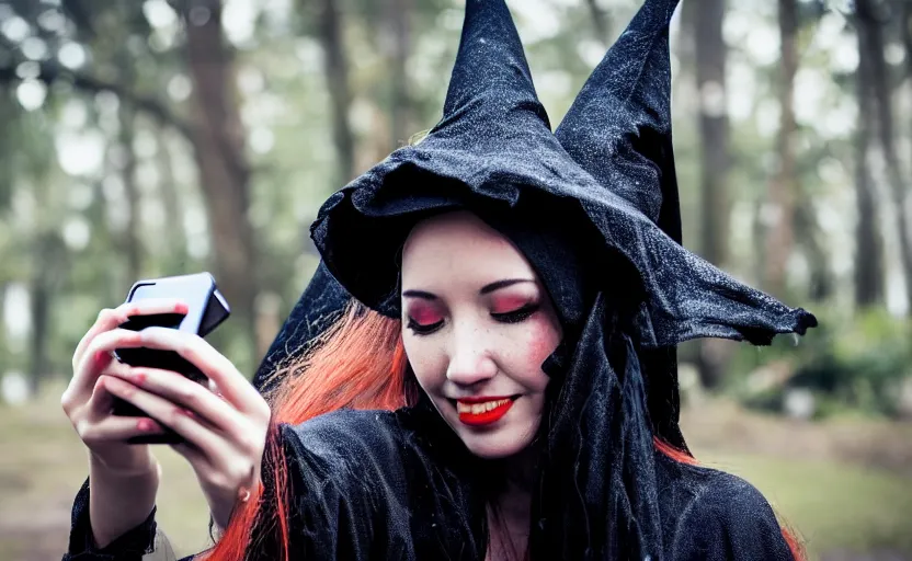 Image similar to a spider witch taking a selfie photo, detailed. artstation. 2 5 mm f / 1. 7 asph lens. ultra realistic