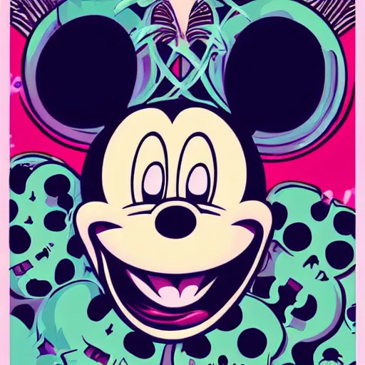 Image similar to portrait of a anime angel happy smiley boy skull face mickey mouse with highres 4k by Trevor Brown pop art nouveau