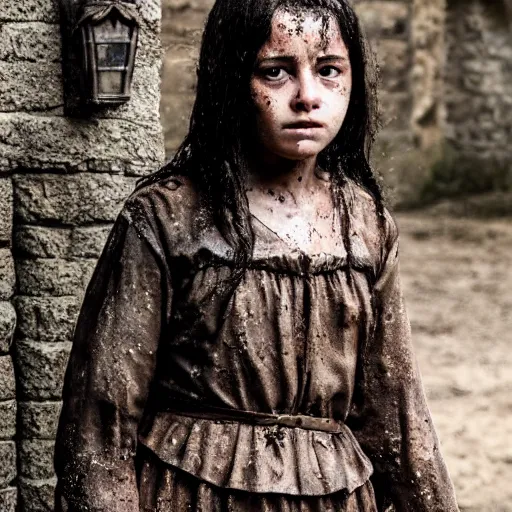 Image similar to a young girl of 1 5 years with black hair in a muddy medieval village square has raised her father from the dead to protect her from angry villagers