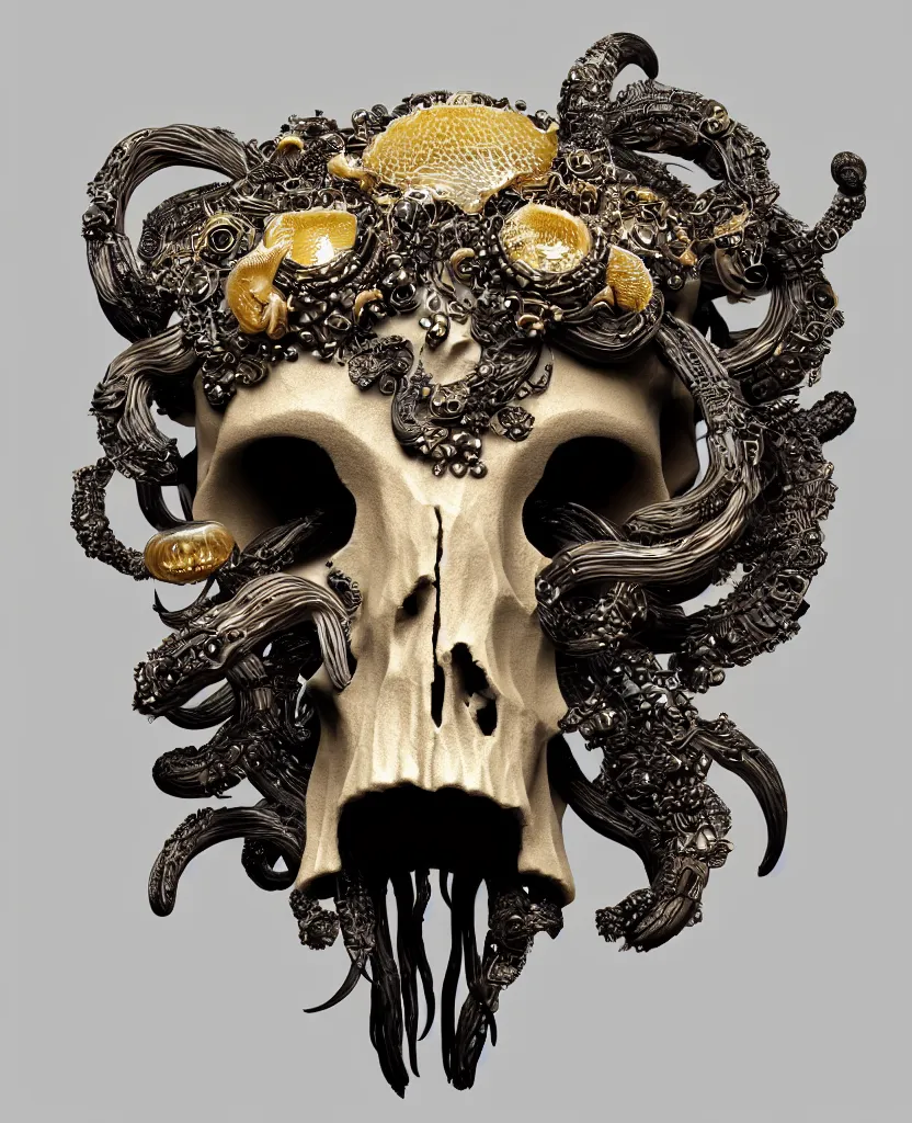 Image similar to goddess princess face close-up portrait ram skull. sculpture made of black clay and gold. jellyfish phoenix head, nautilus, orchid, skull, betta fish, bioluminiscent creatures, intricate artwork by Tooth Wu and wlop and beeple. octane render, trending on artstation, greg rutkowski very coherent symmetrical artwork. cinematic, hyper realism, high detail, octane render, 8k