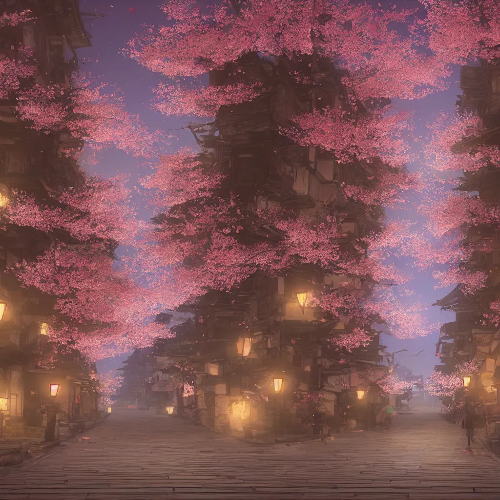 Image similar to Japanese street at night, cherry blossom petals, highly detailed, 3D render, digital art, artstation, 8K photography, matte photo-realistic, by Hayao Ghibli Miyazaki, breath of the wild style