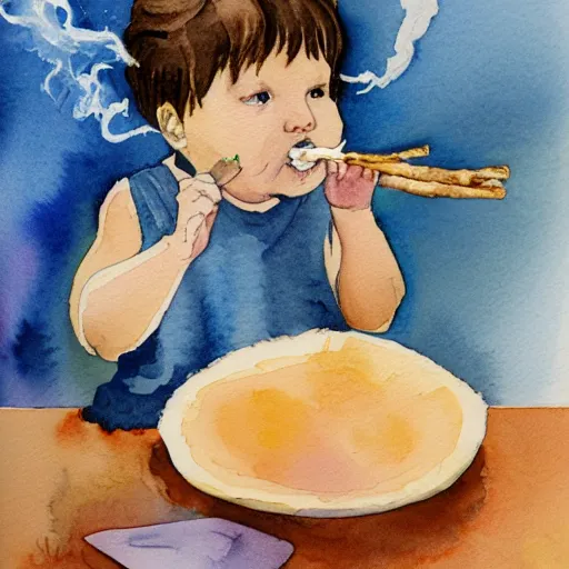 Prompt: A watercolor painting of a baby smoking a fat one