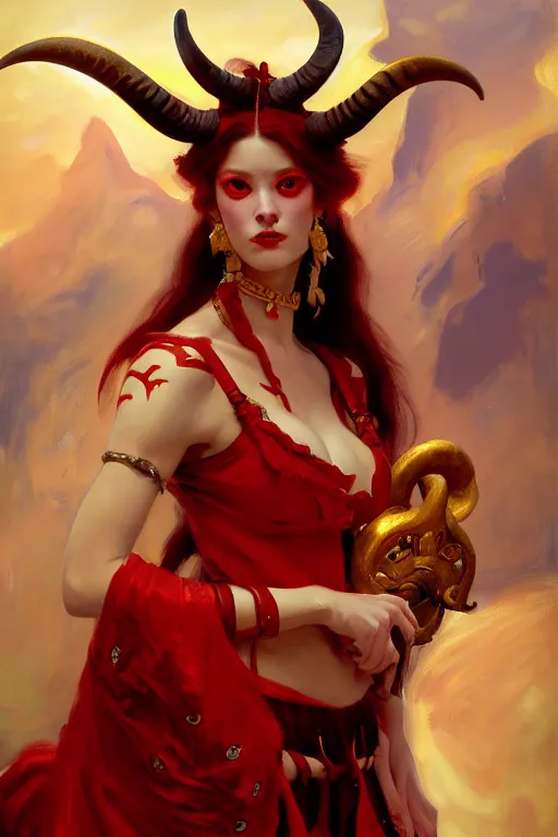 Prompt: painted close - up portrait of a attractive red - skinned intimidating demon girl with ram horns! oil painting, wearing a noblewoman's outfit, fantasy art by john singer sargent and gaston bussiere, and james jean and tyler edlin, demon noble character design, hd