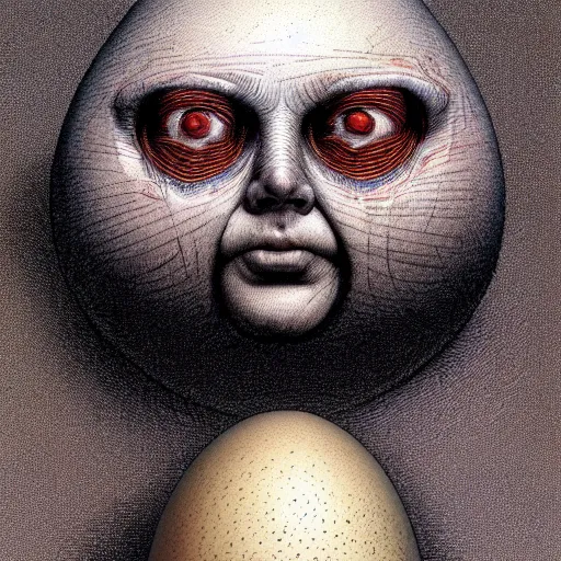 Prompt: humpty dumpty in form of egg, detailed pattern on skin, front view by luis royo and wayne barlowe, beksinski