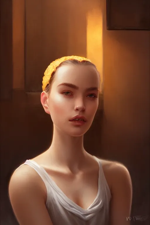 Prompt: portrait of a beautiful model in a bakery presenting a roll, dramatic lighting, highly detailed, digital painting, artstation, concept art, smooth, sharp focus, illustration, art by wlop, mars ravelo and greg rutkowski