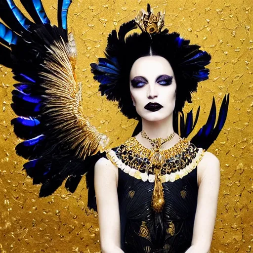 Image similar to a breathtaking portrait of a fierce proud queen of ravens, in a black dress with a collar made of iridescent feathers and golden adornments, geometrical background, gold foil, intricate details, by soey milk and amir ershadi and anja millen