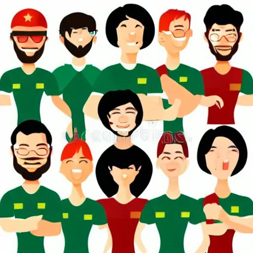 Image similar to team of 8 excited people in team uniform, vector illustration, minimal face features, vector illustration, white background