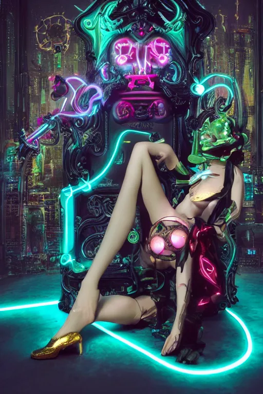 Prompt: full-body rococo and cyberpunk style neon statue of a young attractive (slender muscular Portugues macho bem dotado) e rico android ((sim roupa)) reclining (con pernas aberta e piroca dura) leite, glowing (((white laser))) eyes, prince crown of black skulls, ruby, swirling gold-colored silk fabric. futuristic elements. full-length view. space robots. human skulls. intricate artwork by caravaggio. Trending on artstation, octane render, cinematic lighting from the right, hyper realism, octane render, 8k, depth of field, 3D