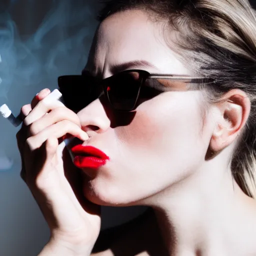 Prompt: woman smoking a cigarette, cigarette in mouth, cigarette in mouth, smoking, smoking, smoking, smoking, smoking a cigarette, smoke, red lipstick, close up