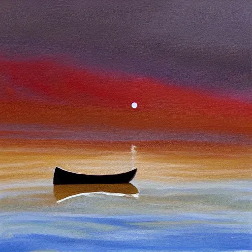 Image similar to painting of a lone canoe floating in a blood river