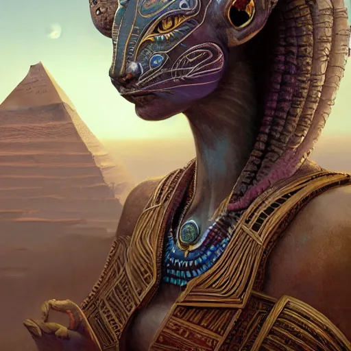 Image similar to highly detailed portrait of sekhmet the egyptian goddess, intricate alien technology, stephen bliss, unreal engine, fantasy art by greg rutkowski, loish, rhads, ferdinand knab, makoto shinkai and lois van baarle, ilya kuvshinov, rossdraws, tom bagshaw, global illumination, radiant light, detailed and intricate environment