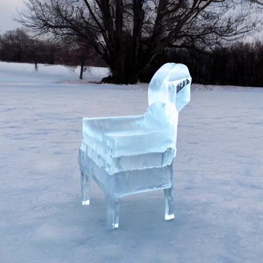 Prompt: a chair made of ice with a dog made of ice sitting on it. Photography. Highly detailed. 8K