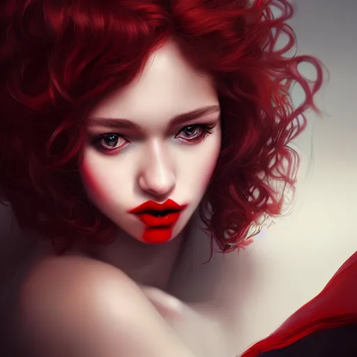 Image similar to a realistic illustration portrait of a beautiful cute girl with curly black and red hair, a pointy nose and, round chin black eyeliner, trending on artstation, hyper - realistic lighting, intricate, ross tran