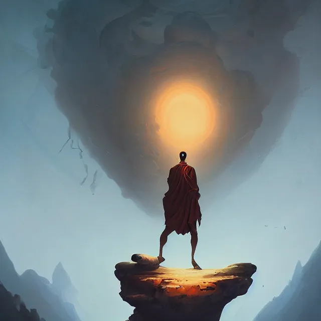 Image similar to in the style of peter mohrbacher, a glowing monk floating and meditating on a rock, dystopian landscape, intricate, masterpiece, award winning, fantasy, hyperrealism intricate