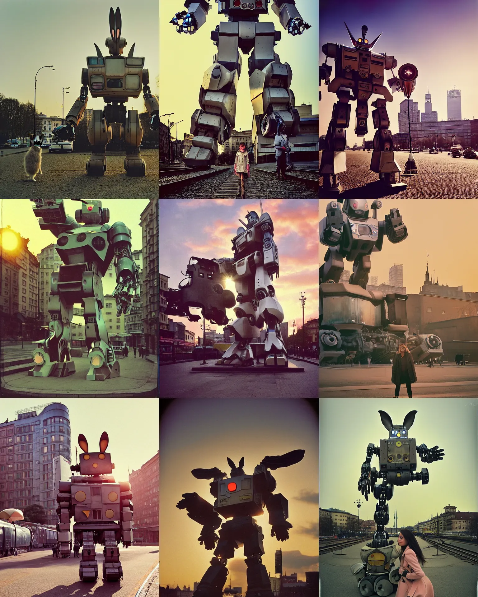 Prompt: giant oversized battle robot rabbit big ears mech train in warsaw centre , robot with two big rabbit teeth, Cinematic focus, Polaroid photo, vintage, neutral dull colors, soft lights, sunset backlight , full body, by Steve Hanks, by Serov Valentin, by lisa yuskavage, by Andrei Tarkovsky