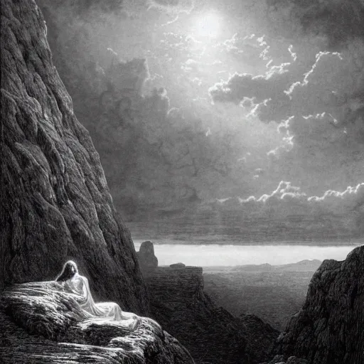 Image similar to A lonely woman looks down from a huge cliff, mountains, gorgeous view, velly distant forest, distant city, distant glow, night, sunset, dramatic light, Chiaroscuro, long shadows, dark, masterpiece, high detail, detailed, illustration by Paul Gustave Doré