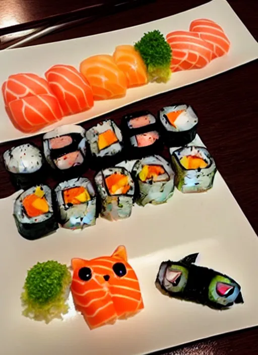 Image similar to clear photorealistic picture of adorable cats made out of sushi