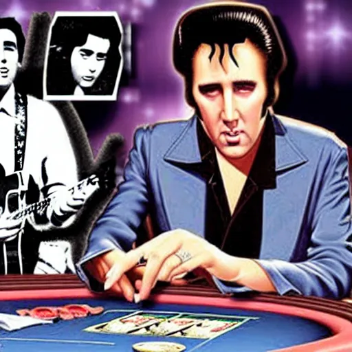 Image similar to nicolas cage as elvis presley playing the guitar over a poker table