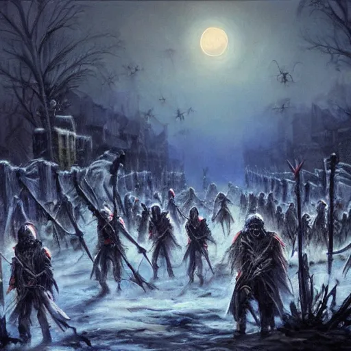 Image similar to Undead army descends upon a village in the middle of a winter night, photorealistic oil painting