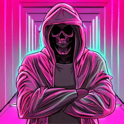 Image similar to skeletor christopher lloyd in hoodie, portrait, vaporwave, synthwave, neon, vector graphics, cinematic, volumetric lighting, f 8 aperture, cinematic eastman 5 3 8 4 film