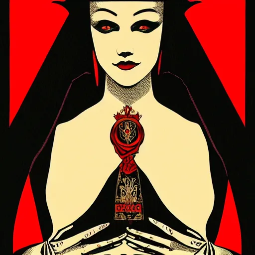 Prompt: Illustrated by Shepard Fairey and H.R. Geiger | a renaissance style portrait painting of raven winged female vampire, wearing a crown and cape, dark background