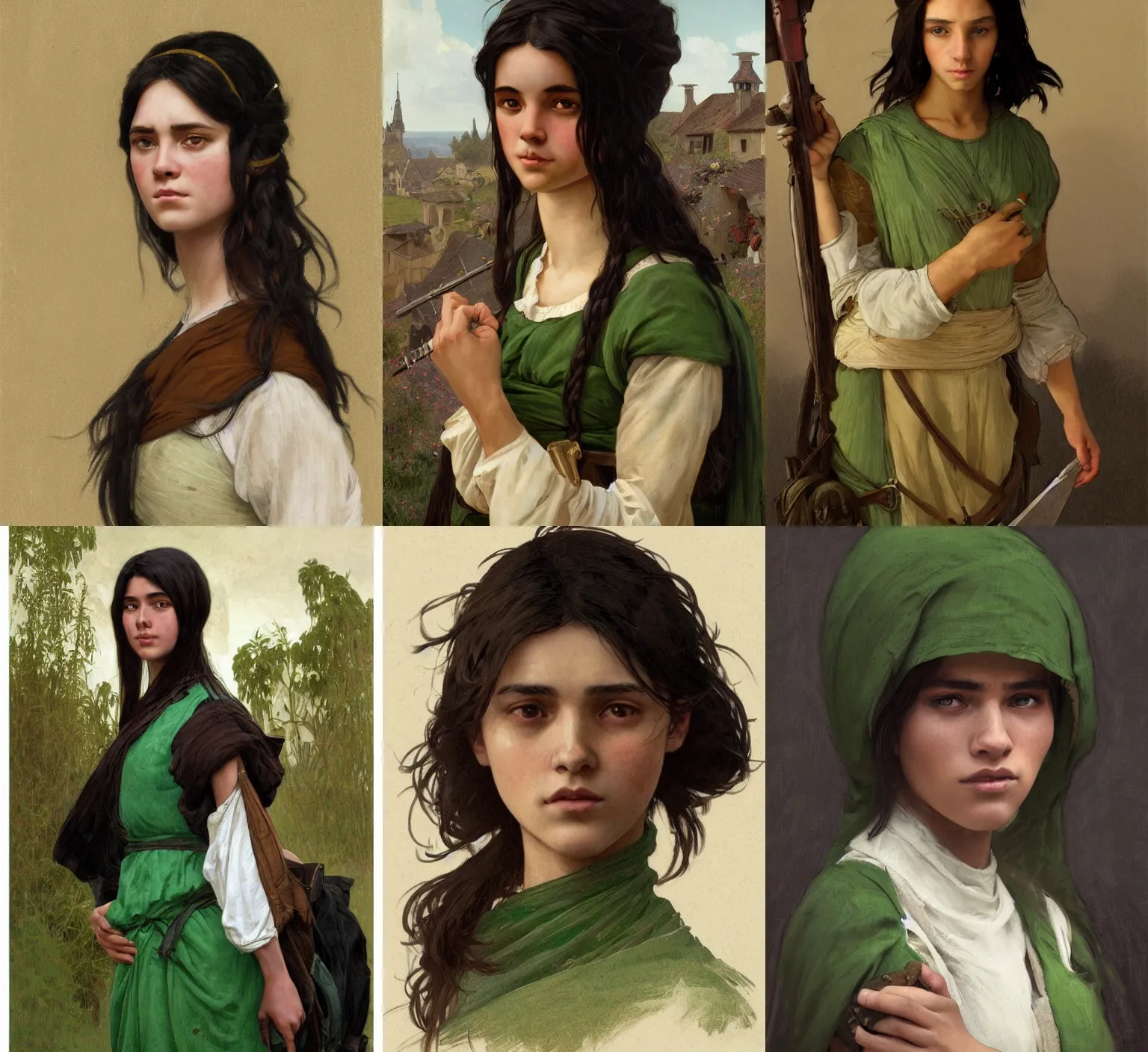 Prompt: medium-length portrait of a 20-year-old female peasant with shoulder-length black hair and brown eyes, white skin, confused expression, green clothing, medieval setting, highly detailed, digital painting, artstation, concept art, sharp focus, illustration, art by greg rutkowski and alphonse mucha