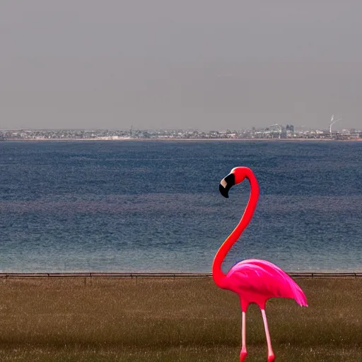 Image similar to photo of a giant colossal flamingo in the distant horizon beyond city skyline