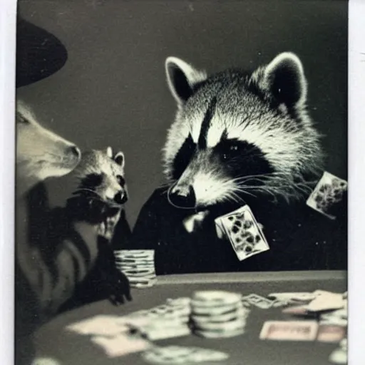 Image similar to polaroid photo of gangster raccoons in smokings, smooking cigar, playing poker, dollars on table