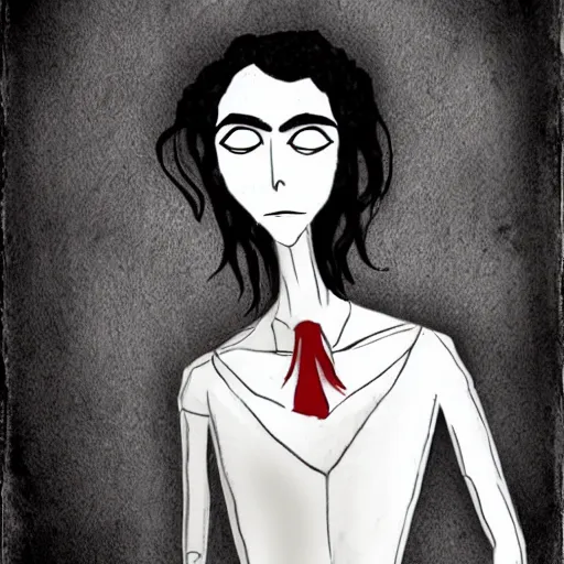 Image similar to young man portrait, black hair, skinny, sleep deprived, corpse bride art style