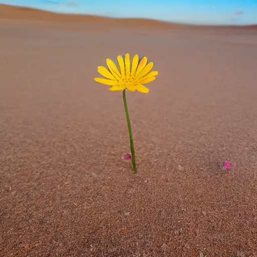 Image similar to a single small pretty desert flower blooms in the middle of a bleak arid empty desert, sand dunes, clear sky, low angle, dramatic, cinematic, tranquil, alive, life.