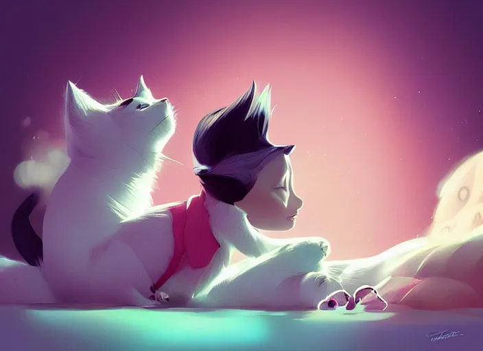 Image similar to a tomboy girl being happy with her cat. style by petros afshar, christopher balaskas, goro fujita, and rolf armstrong.