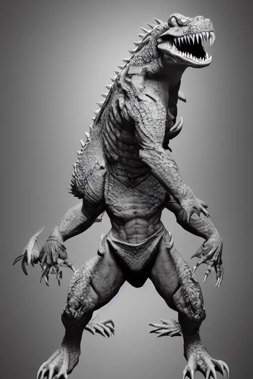 Image similar to Renekton from League of Legends, photorealistic full body, studio lighting, white ambient background, highly detailed