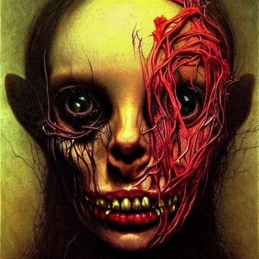 Image similar to full body portrait, a highly detailed witch, magic, night, extremely high detail, death, fear, horror, realistic, fantasy art, solo, masterpiece, saturated colors, tangled, ripped flesh, art by zdzisław beksinski, caravaggio, perfect faces, fine details